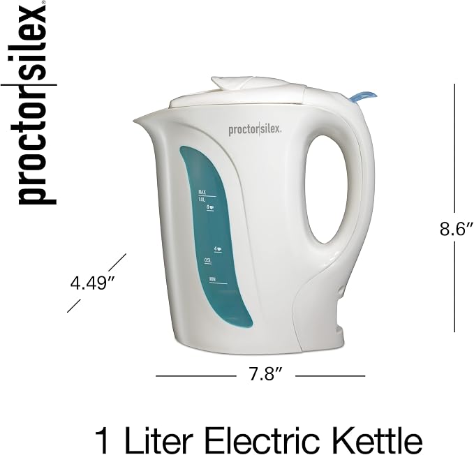 Proctor Silex Electric Tea Kettle, Water Boiler & Heater Auto-Shutoff & Boil-Dry Protection, 1000 Watts for Fast Boiling, 1 Liter, White (Pack of 2)