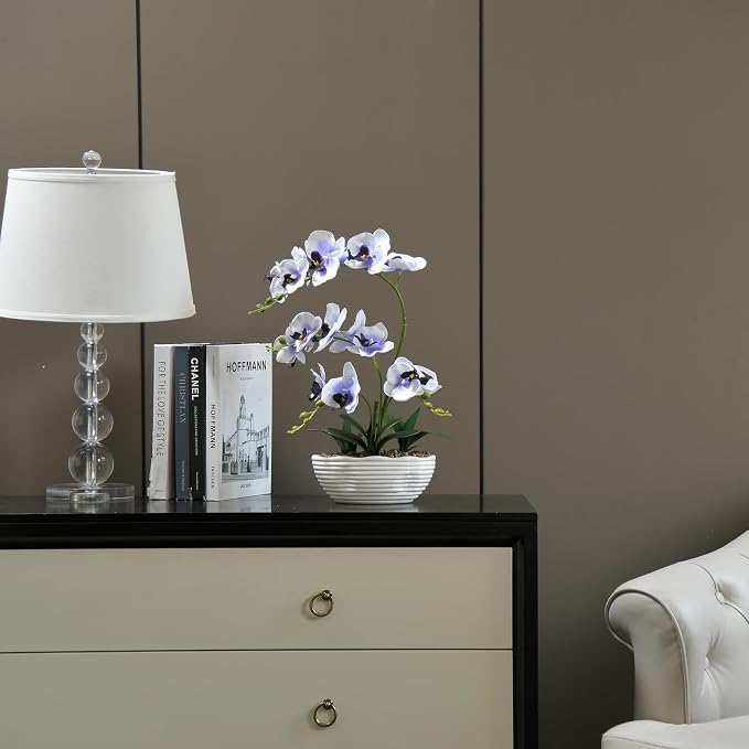 19" H Phalaenopsis Faux Orchid Plant Silk Orchid Centerpiece Artificial Floral Arrangement in Ceramic Pot (White and Purple)