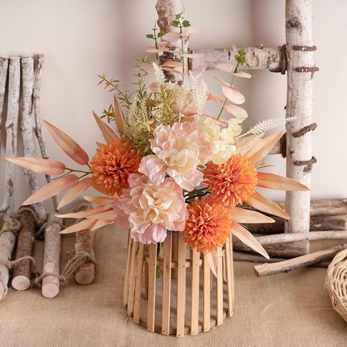 KIRIFLY Artificial Fake Flowers Plants Silk Flower Arrangements Wedding Bouquets Decorations Plastic Floral Table Centerpieces for Home Kitchen Garden Party Décor (Pink Orange)