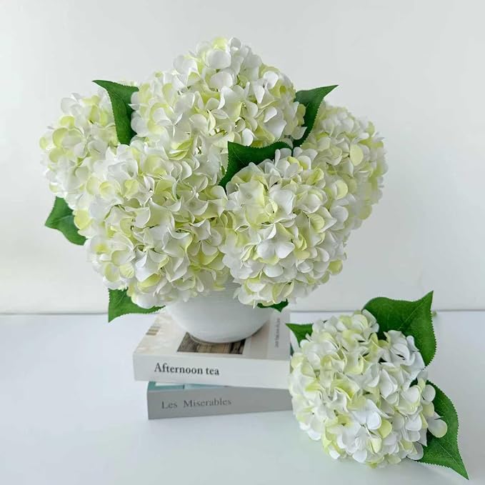 ZYTUYO 5 Pcs White & Light Green Silk Hydrangeas Artificial Flower Boho Dried Touch 20'' Faux Hydrangeas for Indoor Home Decor Kitchen Living Room Outdoor Porch Wedding Flower Arrangement