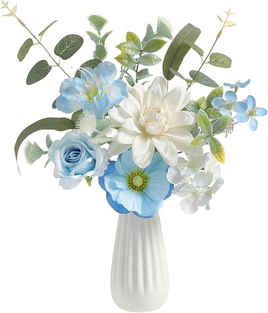 Small 11.8" Artificial Flowers in Ceramic Vase - Blue Silk Flower Centerpiece for Dining Table, Office, Wedding & Farmhouse, Home Decor Gifts