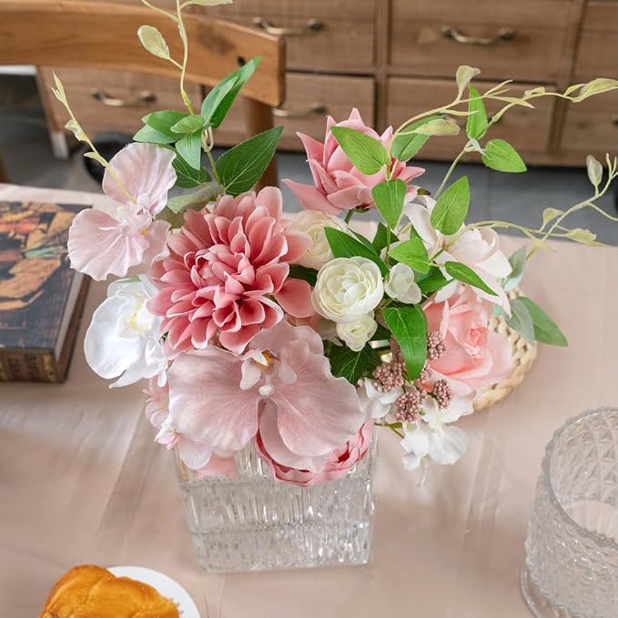 KIRIFLY Artificial Fake Flowers Silk Rose Flower Arrangements Wedding Bouquets Decorations Plastic Floral Table Centerpieces Home Kitchen Garden Party Décor (Pink White)