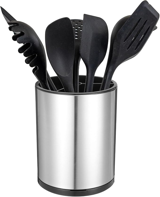 uxcell Kitchen Utensil Holder, Stainless Steel 360° Rotating Cylinder Partition Storage Cooking Utensil Holder 3 Compartment 6.3" Caddy Flatware Countertop Organizer, Silver Tone