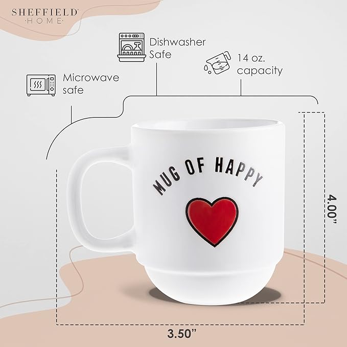 Sheffield Home Set of 4 Stackable Stoneware Mugs with a Metal Rack for Storage, Large Cups for Tea, Mugs for Latte, and Hot Chocolate (Heart Sentiments)