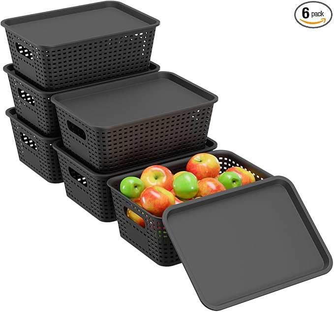 Resze 6-Pack Plastic Storage Bins with Lids, Stackable Organizer Baskets & Containers for Pantry, Kitchen, Cabinet, Closet, Bathroom Organization Toys, Space Saving, Easy-Carry Handles,Black