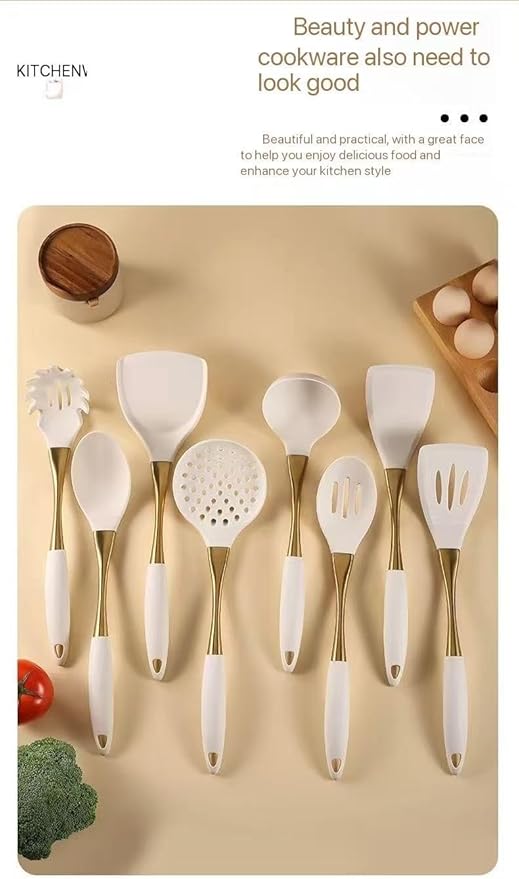 8-Piece Silicone Kitchen Utensil Set, White and Gold, Heat Resistant Cooking Tools with Comfort Handles- Includes Spatula & Spoon for Nonstick Cookware (Elegant White & Gold)