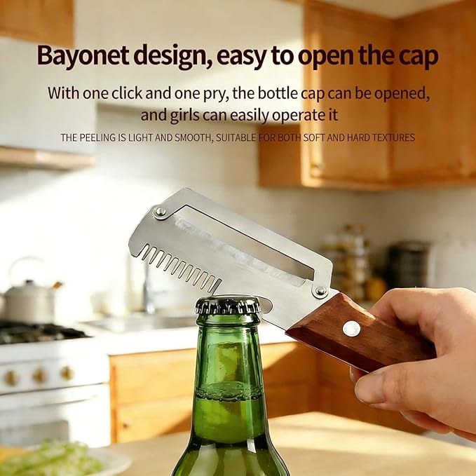 Multifunctional Vegetable Peeler，With wooden handle & bottle opener and grater 3 in 1 kitchen gadgets for potatoes pumpkinsp garlic sugarcane pineapples carrots and other vegetables or fruits (1pcs)