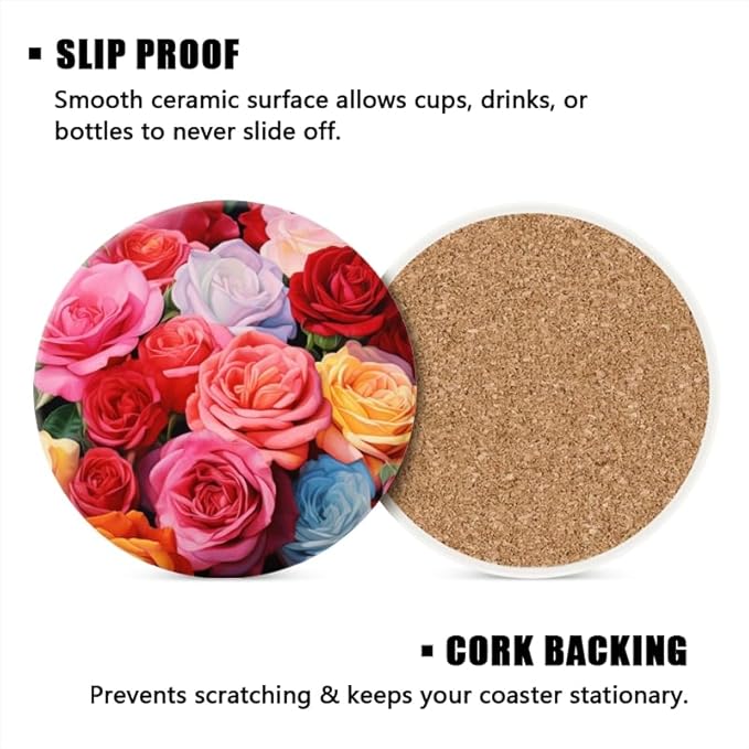 1 Pcs Coffee Cup Coasters for Drinks, Colorful Roses Painting Round Absorbent Non-Slip Ceramic Stone Cork Coasters for Kitchen Living Room Office Decoration Bar (4 * 4 Inch)