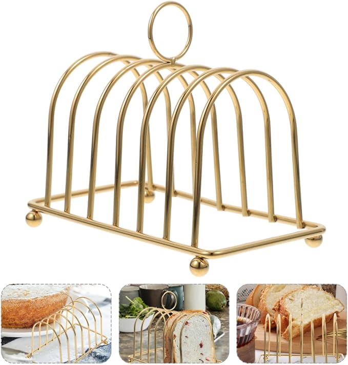Metal Chrome 6 Slote Slices Toast Rack Toast Serving Dining Rack Stand Loaf Bread Holder, Toast Holder Rack, Bread Slice Stand, Toast Rack, Cooling Bread Rack for Kitchen, or Bakery (Gold)