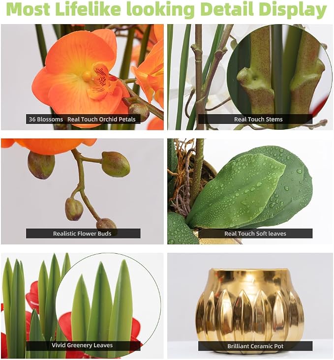 CXGS Artificial Orchid Flower Real Touch Faux Orchids in Ceramic Vase Large 22.9'' Fake Flowers Orange Phalaenopsis Floral for Home Indoor Decor