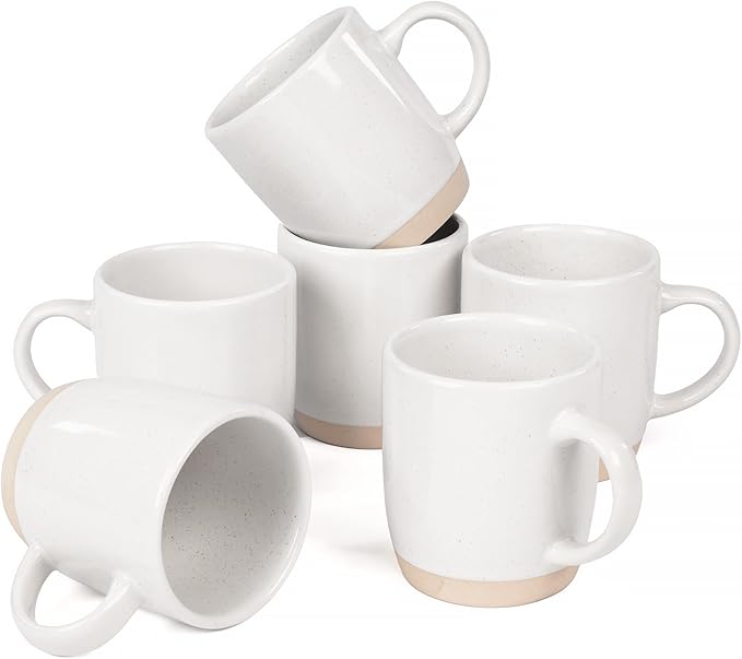 OTAGO Coffee Mugs for 6, 12 oz Mug Set, Partially Unglazed Base,Dringking Cup with Handle for Coffee, Tea, Cocoa, Milk, White