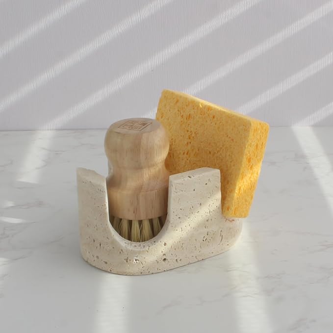 Natust 2-in-1 Travertine Sponge Holder for Kitchen Sink - Heavy Duty Natural Stone Sink Caddy, 2-Slot Scrubber Organizer for Scrub Daddy, Soap Tray with Anti-Slip Pads, Housewarming Gift, Beige