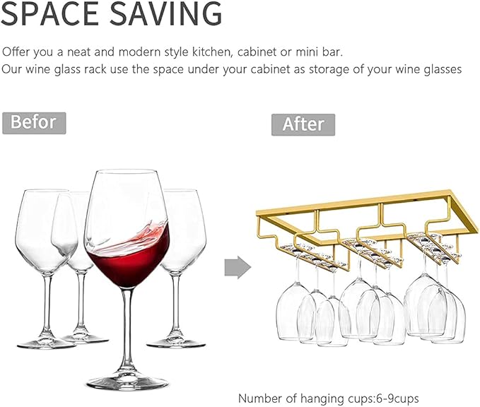 Hanging Stemware Holder - Wine Glass Hanger Rack Under Cabinet Stemware Wine Glass Holder Storage Hanger for Bar Kitchen Cabinet (3 Rows 1 Pack)