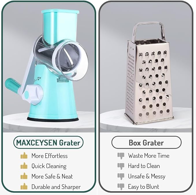 Rotary Cheese Grater with Handle Vegetable Shredder Round Kitchen Slicer Mandoline Grater for Vegetable, Nuts, Chocolate, Cheese, White, 3 Stainless Steel Blades
