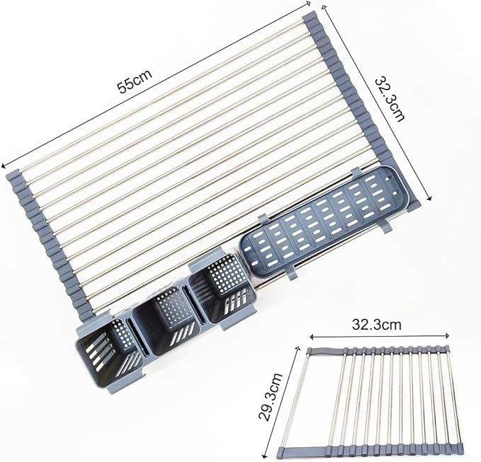 Gabrielline Extra Large Roll Up Dish Drying Rack for Kitchen Sink - 21.6” x 12.7” Stainless Steel Over The Sink Mat with Utensil Caddy & Drip Tray - Heavy Duty Space Saving 5-PC Set