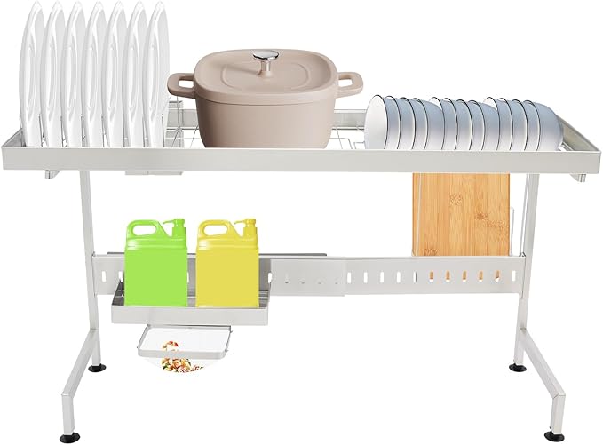 Over The Sink Dish Drying Rack, Stainless Steel Storage Shelf Kitchen Organizer Dish Drainer for Pots Pans Cups Bowls, L34.7*W10.2*H19.7in, Silver