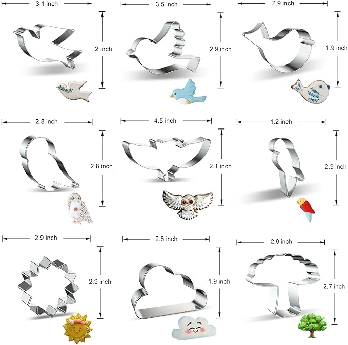 Stainless Steel Bird Cookie Cutters - 9-Piece Set: Dove, Pigeon, Owl, Sparrow, Parrot, Little Bird, Flying Woodland Animals and Sky Sun Cloud Tree Shapes - Biscuit and Fondant Molds