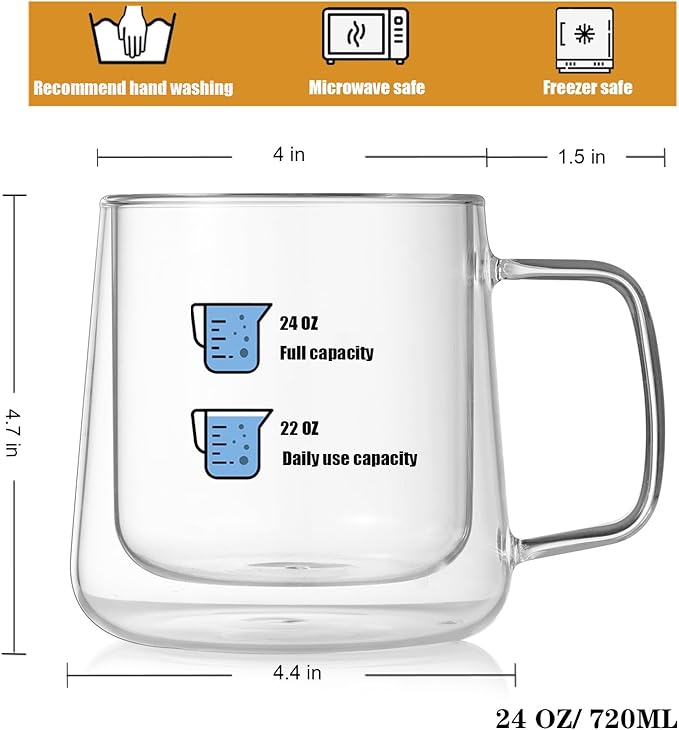 Extra Large Thicken Double Wall Glasses Coffee Mugs Tea Cups set of 2, 24OZ Insulated Clear Lemon Tea Beer Cups with Handle