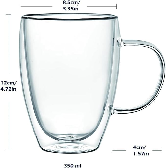 Espresso Cups Set Of 2, Double Walled Glass Coffee Mugs with Handle,Insulated Layer Coffee Cups,Clear Borosilicate Glass Mugs,Perfect for Cappuccino,Tea,Latte,Espresso (12oz-4Pack)
