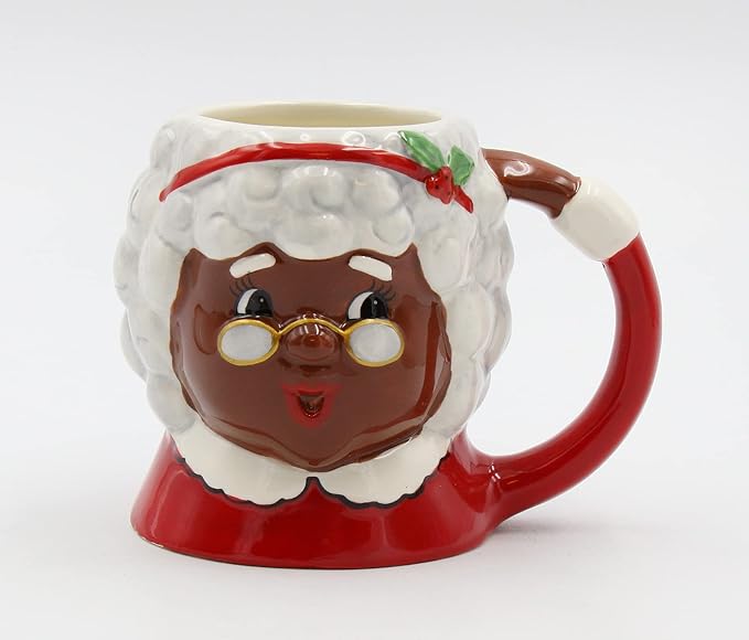 Fine Ceramic Christmas Holidays African American Mr. & Mrs. Santa Claus Mug Set of 2 (2 Pieces Set), 5-3/4'' L, Red, White, Brown, 5.75'' * 4.25'' * 4'', 5.50'' * 4'' * 4.25''