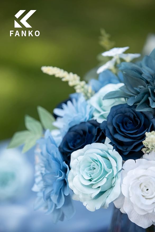 FANKO Artificial Flowers for DIY, Blue White Faux Flowers Bouquet, Fake Flowers with Roses Dahlia Daisy Silk Flowers for Vase, Home Decor, Wedding Centerpiece, Floral Arrangement Décor