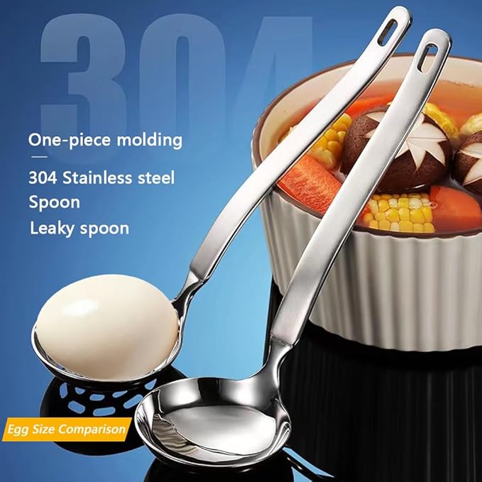 Collfa Small Soup Ladle Metal SUS304 Stainless Steel Ladles Spoon And Slotted Colander Spoon Set Soup Ladle With Holes Strainer Scoop Ladles For Serving Gravy Hot Pot Or Restaurant,2 Piece Set