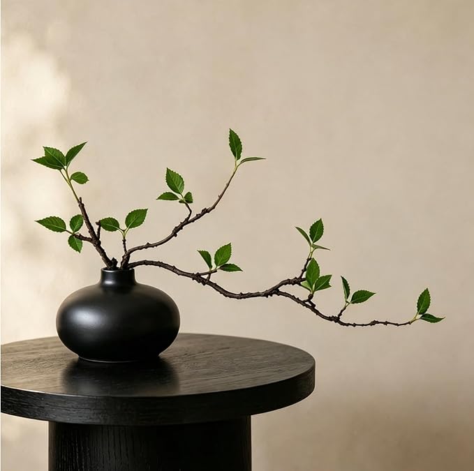 Vase with Greenery, 1 pc Artificial Stem with Black Vase, 20" Decorative Fake Plants Indoor, Small Plant for Bathroom Living Room Office Coffee Table Mantel Bookshelf Centerpiece Decor-Black