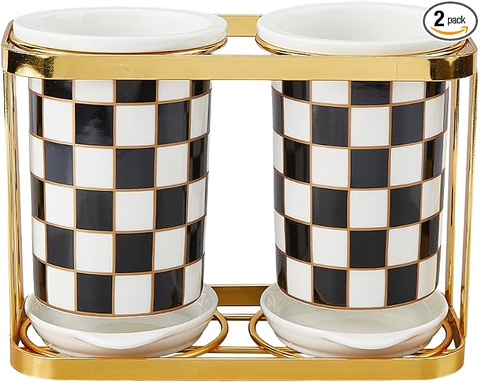 Ceramic Utensil Crock Set Ceramic Utensil Holder Black White Checkerboard Kitchen Countertop Organizer with Gold Stand for Countertop Coffee Bar Kitchen Decor and Accessories