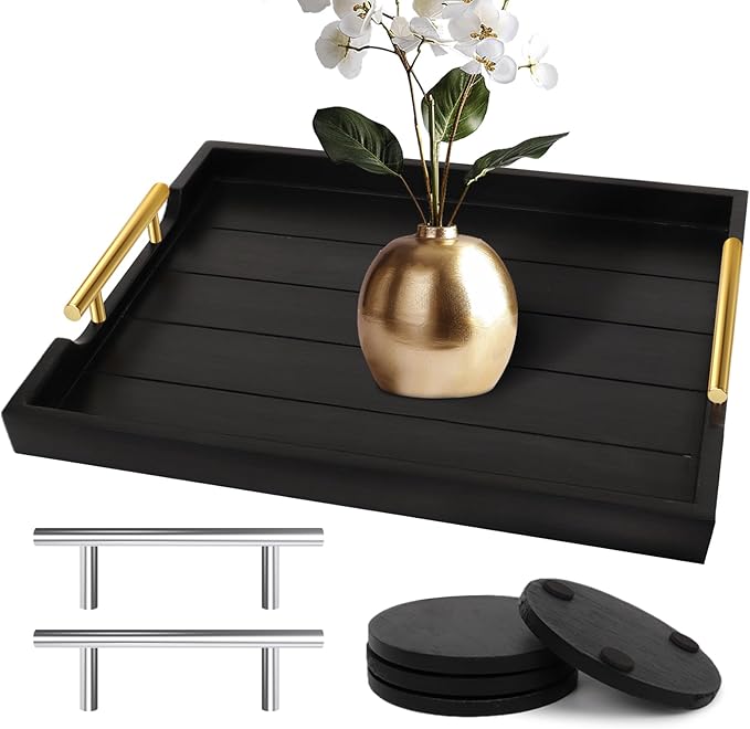 SXNOWS Coffee Table Trays - Large Ottoman Tray for Living Room -Wood Serving Tray with 2 Sets of Handles - Wooden Tray for Coffee Table, 4 Round Coasters Included, Black