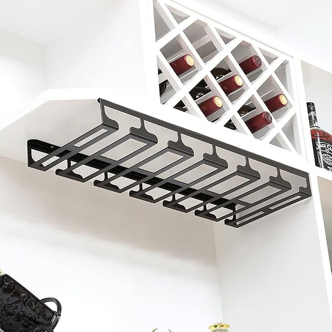 Under Cabinet Stemware, Hanging Wine Glass Holder with Screws, Glasses Storage Hanger Iron Organizer for Home Kitchen Bar