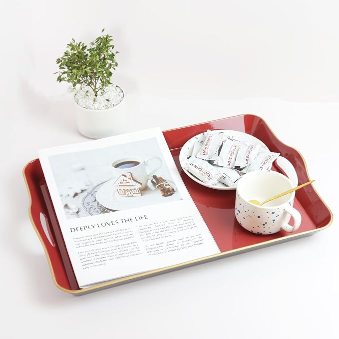 Spsyrine Large Red Decorative Tray, Elegant Plastic Serving Tray with Handles, Coffee Table Tray for Ottoman, Living Room, Home Decor 17.3"*11.8"*2"