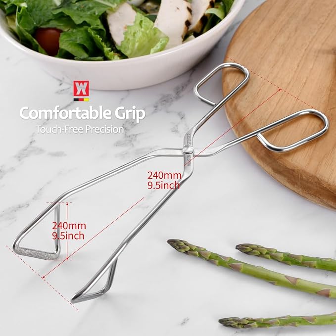 WAGENSTEIGER Scissor Tongs: 9.5 Inch Heavy Duty Stainless Steel Kitchen Tongs Comfortable Ergonomic Grip, Heat Resistant for BBQ and Cooking, Grilling Turning meats, Serving Pasta, Imprinted Grippers