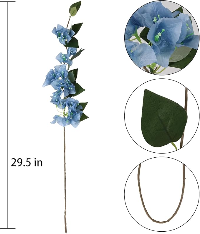 10PCS Bougainvillea Artificial 29.50" Blue Bougainvillea Silk Flowers Vines Faux Bougainvillea Flower Stems Fake Flowers Branches for Home Garden Decoration Wedding Table Centerpieces (Blue)