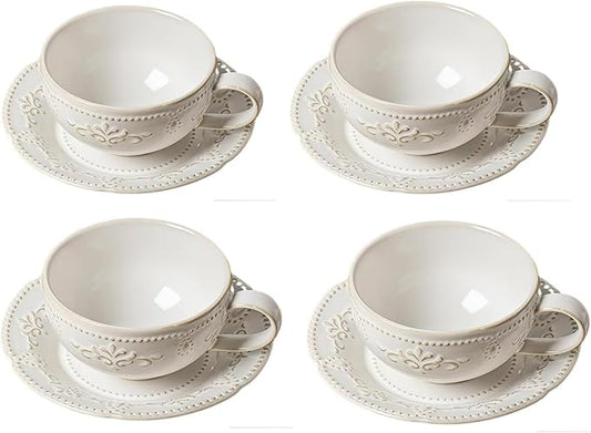 6 oz Cappuccino Cups with Saucers, Suit For House-warming, Ceramic Embossment Coffee Cup for Au Lait, Double shot, Latte, Cafe Mocha, Tea - Set of 4, Arctic white