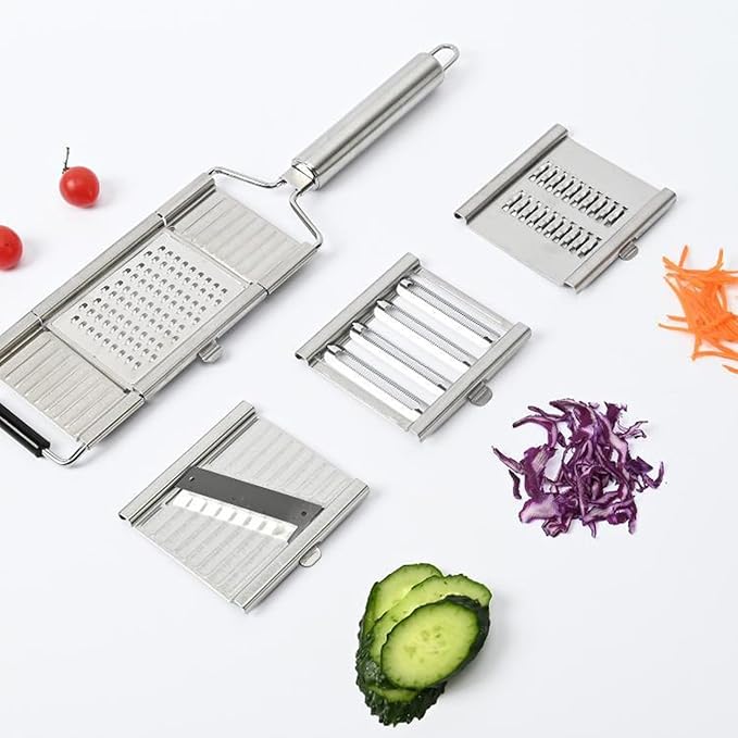 4 in 1 Vegetable Slicer Set, Stainless Steel Cheese Grater & Vegetable Chopper, with 4 Multifunctional Adjustable Blades for Cheese, Vegetables, Ginger, Fruit, Chocolate