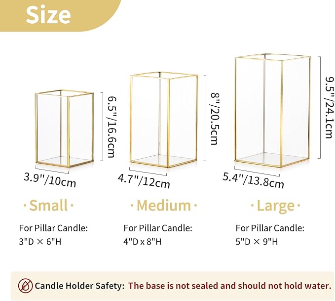 Nuptio Glass Hurricane Candle Holder Set of 6 Gold Pillar Candle Holders Large Rectangular Candleholder Table Centerpieces Decoration for Wedding Party Thanksgiving Ornaments 9.5 & 8.1 & 6.5 inch