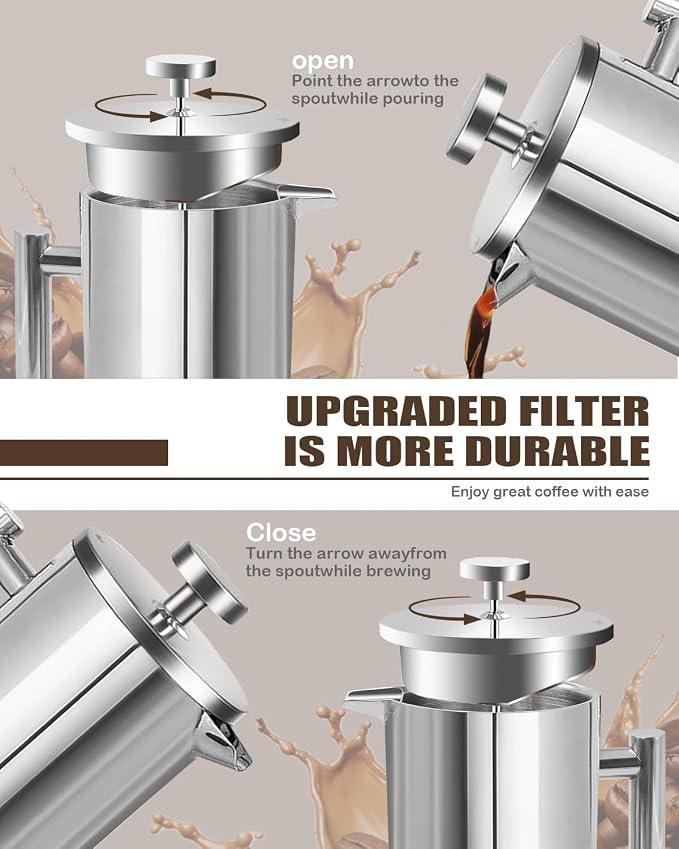 French Press Coffee Maker, Stainless Steel Coffee Press with scale lines (Silver, 17 OZ)