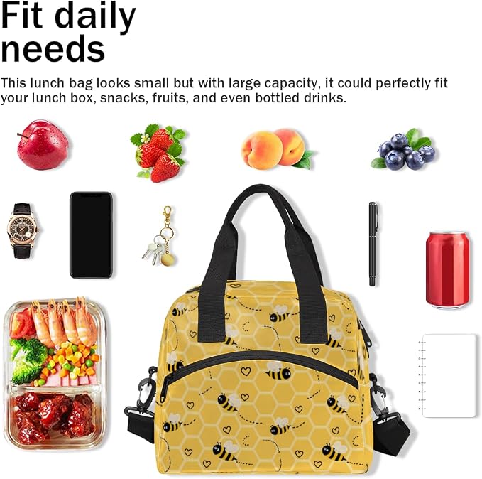 Honeycomb Bees Insulated Lunch Bag for Women Men Reusable Lunch Box Cooler Bag Large Leakproof Lunch Tote with Adjustable Shoulder Strap for Adult Work Picnic Camping Beach Office