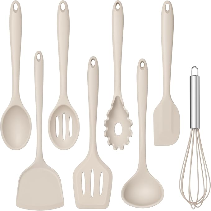 TeamFar 8 PCS Silicone Cooking Utensils - 446°F Heat Resistant Kitchen Silicon Utensils Set, Turner, Spatula, Spoon, Whisk, Kitchen Cooking Gadgets Tools for Nonstick Cookware, Dishwasher Safe-Khaki