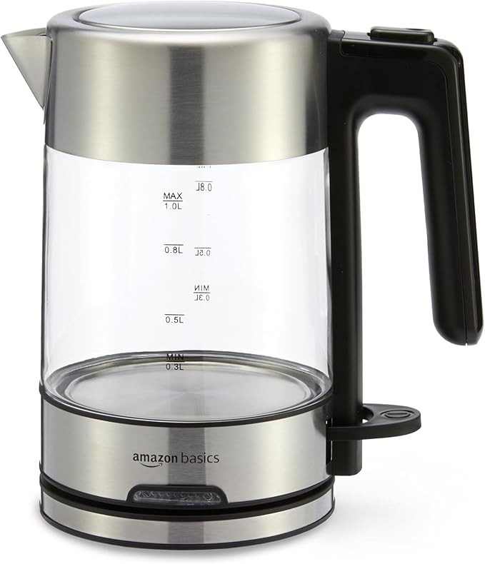 Amazon Basics Electric Kettle with Glass Carafe for Tea and Coffee, Fast Boiling, Auto Shut-Off, Boil-Dry Protection, Temperature Control, Removable Filter, 1 Liter, 1500W, BPA-Free