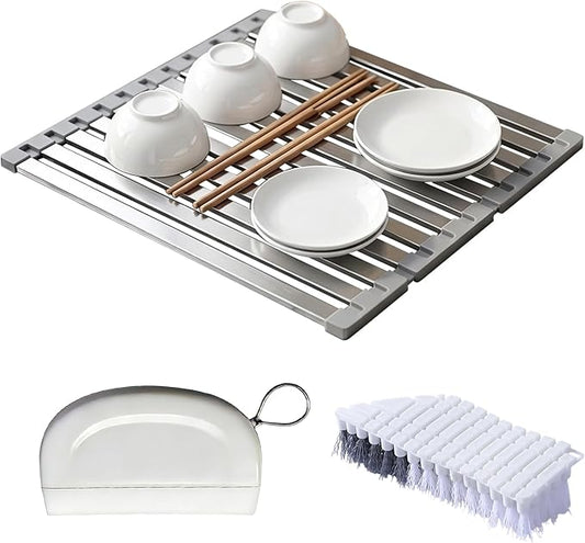 Aluminum Dish Drying Rack, 17.7" x 13.4", Foldable, Rust-Proof, Non-Slip Silicone Base, Over Sink, Gray