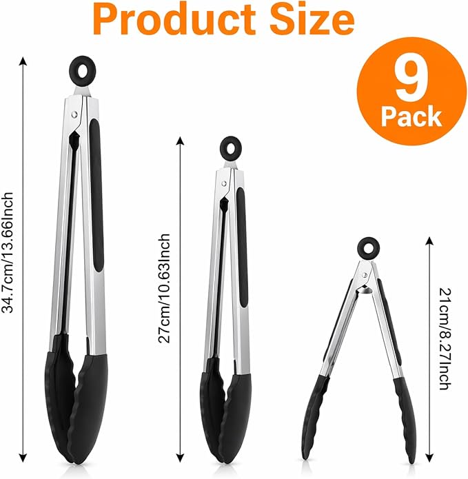 9 Piece Kitchen Tongs with Silicone Tips, 7,9,12 inch Stainless Steel Tongs for Cooking, Heat Resistant Cooking Tong, Non Stick Locking Silicone Tong for BBQ Salad Grill Frying Serving, Black