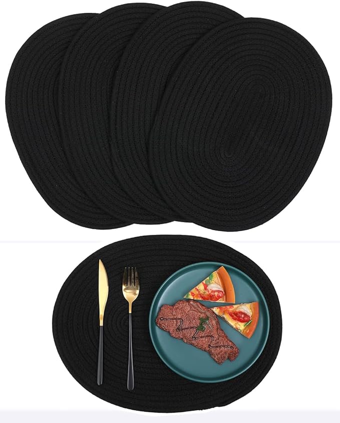 Oval Woven Placemats Set of 4, Rattan Placemats 12x16 Inch Cotton Wicker Placemats Farmhouse Boho Circle Braided Heat Resistant Outdoor Placemats Patio Table Place Mats (Black)