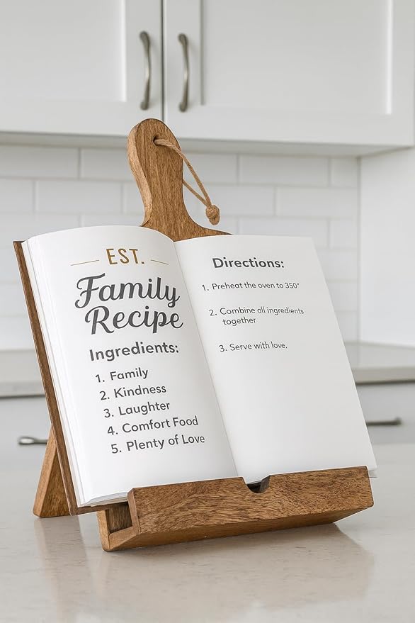 Wedding Gifts Solid Wood Cookbook Stand for Kitchen Counter Recipie Book Holder for Cooking, Chopping Board Style Foldable and Holder for Tablets and Cookbooks (Brown) Cooking Gifts