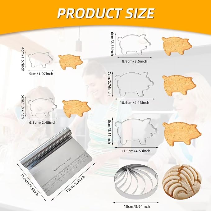 Concha Cutte, Stainless Steel Mexican Bread Mold with 5pc pig cookie cutter，Mexican Kitchen Mold for Bread Cookie Cake Biscuit，Moldes Para Marcador De Conchas