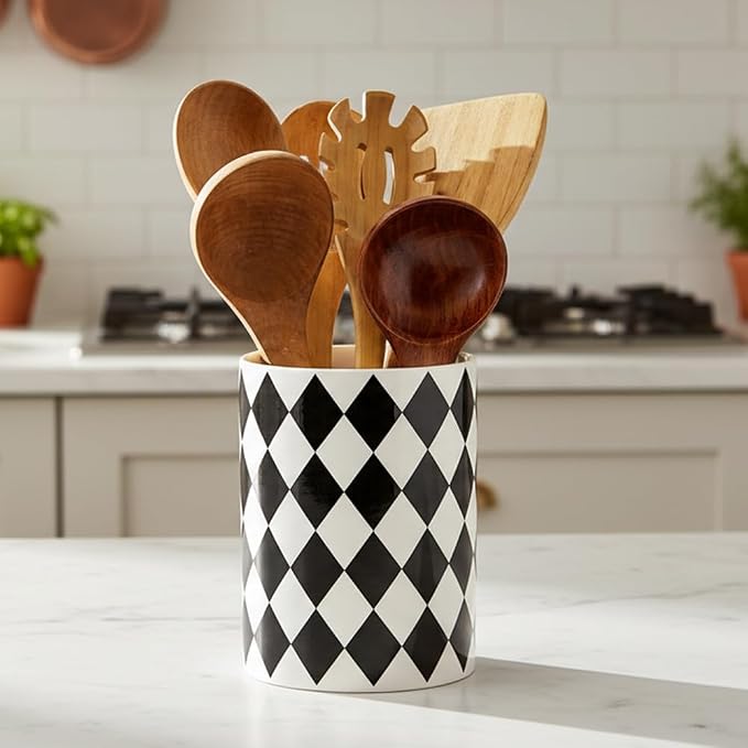 Kitchen Utensil Holder, 6.3" Ceramic Cooking Utensil Holder for Countertop, Large Utensil Crocks for Decor , Modern Farmhouse Checkered Utensil Organizer for Cooking Tools (Diamond Black, 6.3 inch)