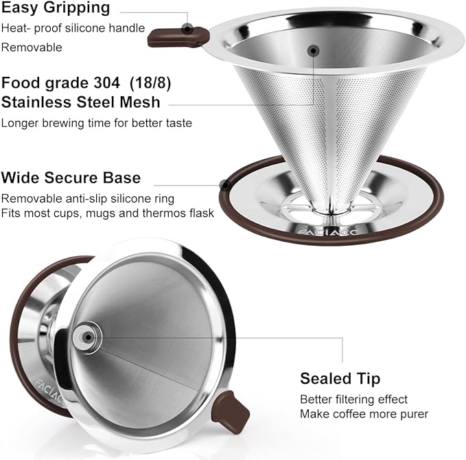 FACIACC Pour Over Coffee Dripper, Professional Stainless Steel Coffee Filter, Paperless and Reusable, Upgraded Double Micro Mesh Filter with Spoon and Silicone Tray, Cleaning Brush (1-2 Cup)