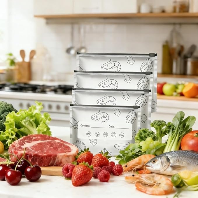 35PCS (4 Sizes) Thick Reusable Aluminum Foil Sealable Storage Bags,Stand Up Foil Sealable Bags with Label Zip Lock for Fruits Vegetables Meat Resealable Zipper Pouches for Food (S*10+M*10+L*10+XL*5)