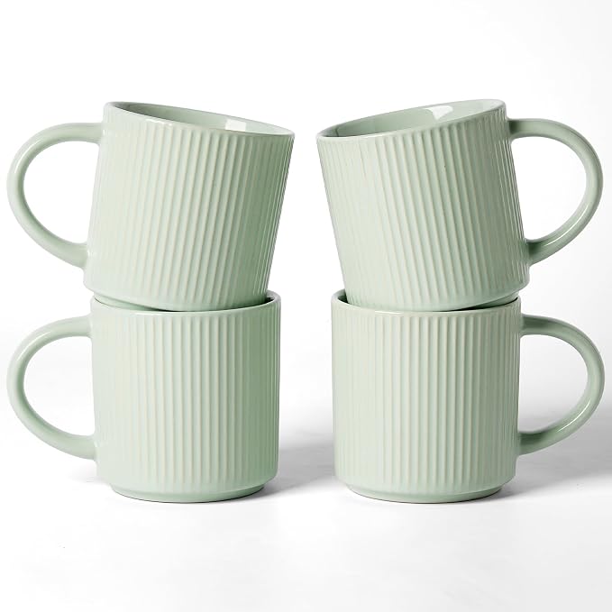 famiware Coffee Mug Set for 4, Star 12 oz Catering Mugs Cup Set with Handle for Coffee, Tea, Cocoa, Milk- Ceramic Stoneware Drinkware Set, Light Green