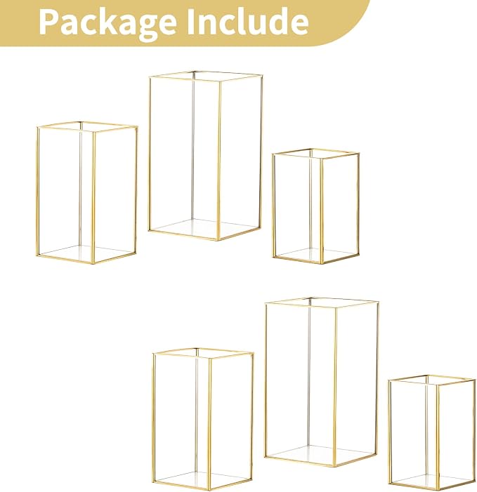 Nuptio Glass Hurricane Candle Holder Set of 6 Gold Pillar Candle Holders Large Rectangular Candleholder Table Centerpieces Decoration for Wedding Party Thanksgiving Ornaments 9.5 & 8.1 & 6.5 inch